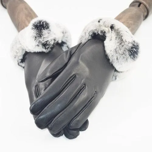 Real Rex Rabbit fur Leather Gloves Women Black Sheepskin Genuine Leather Gloves Winter Warm Soft Sheepskin Leather Gloves