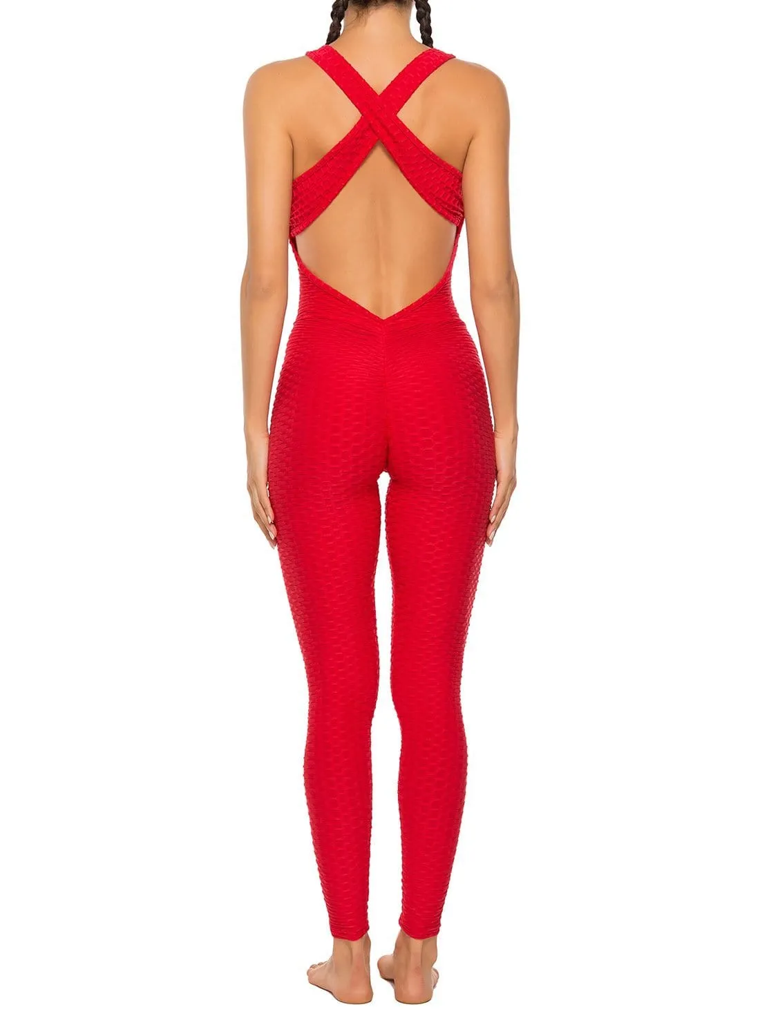 Women's Backless Solid Color Textured Yoga Jumpsuits